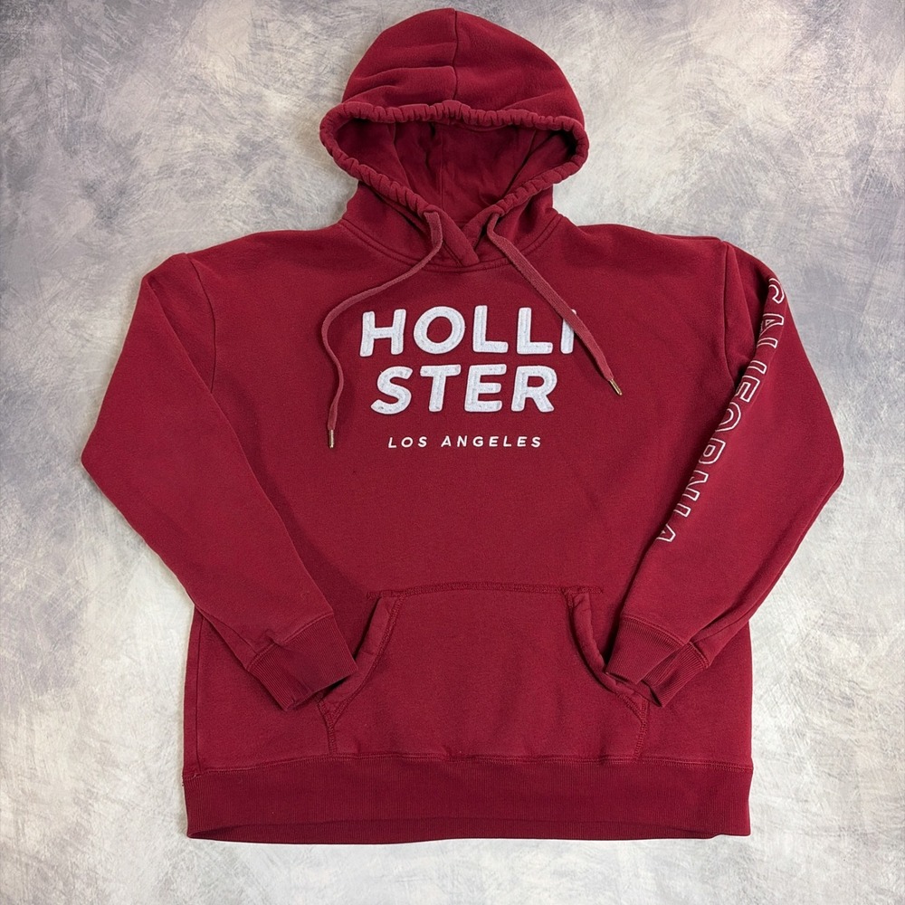 Hollister Hoodie Mens Large Burgundy Red Los Angeles California Graphic Pullover